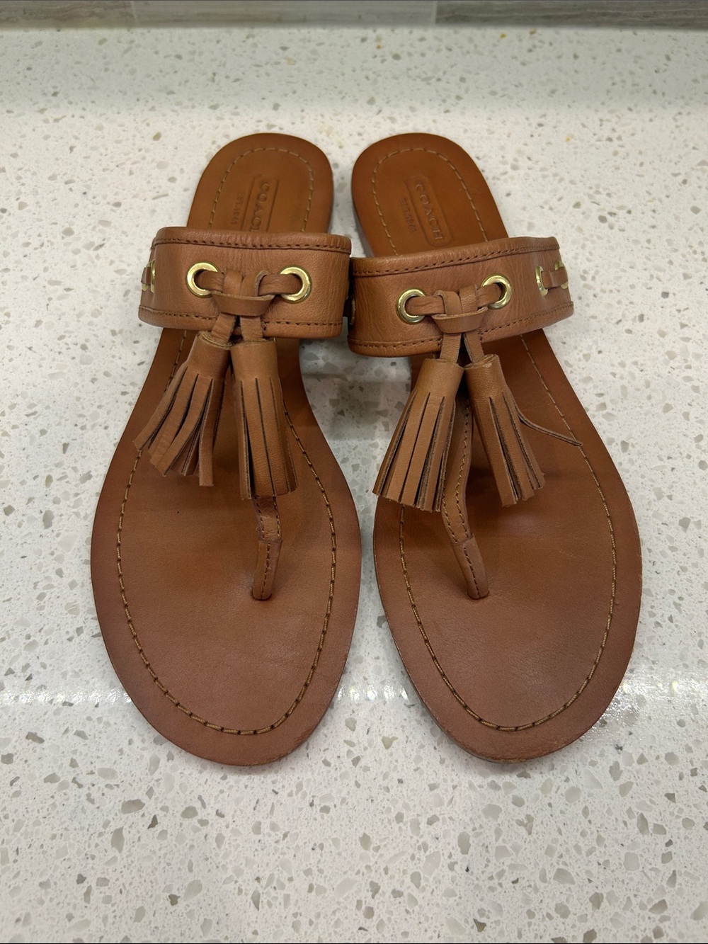 Coach Leather Tassel Toe-Post Sandals - Brown/Tan, 8.5